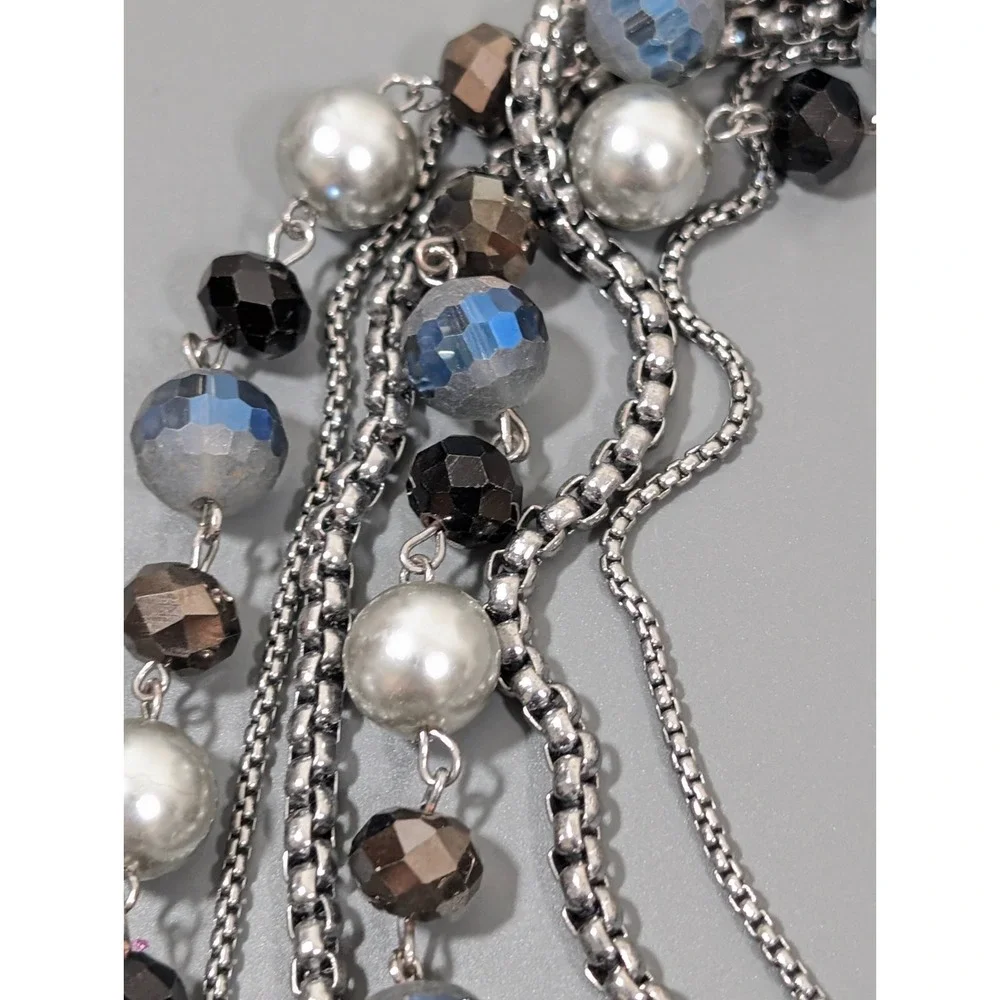 Layered Gray Beaded Statement Necklace‎ Silver Tone Multi Strand Bib 20